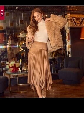 Vici Metallic Bronze Asymmetrical Pleated Midi Skirt